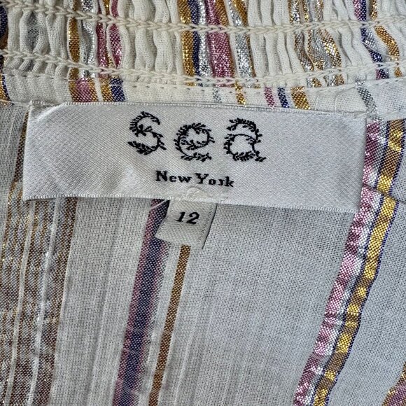 Sea New York Cream Metallic Striped Eyelet Ruffle Long Puff Sleeve Short Dress - Picture 16 of 17